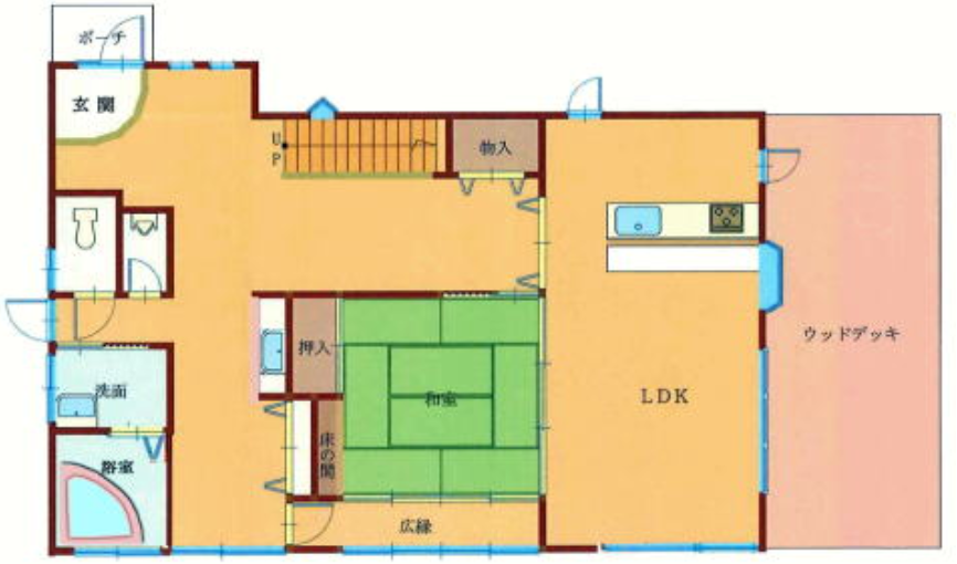 一宮町東浪見の湖畔住宅3LDK。LDKと和室、ウッドデッキのある1階間取り図