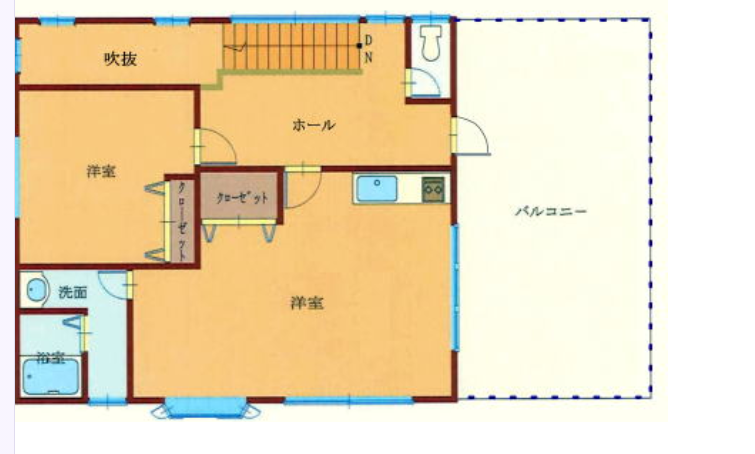 洋室2部屋と広いバルコニーを備えた2階間取り図